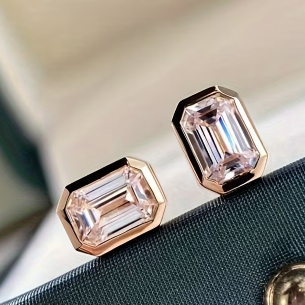 Modern Emerald Cut Diamond Studs • Bezel Set • Rose Gold Finish - Picture 2 of 5